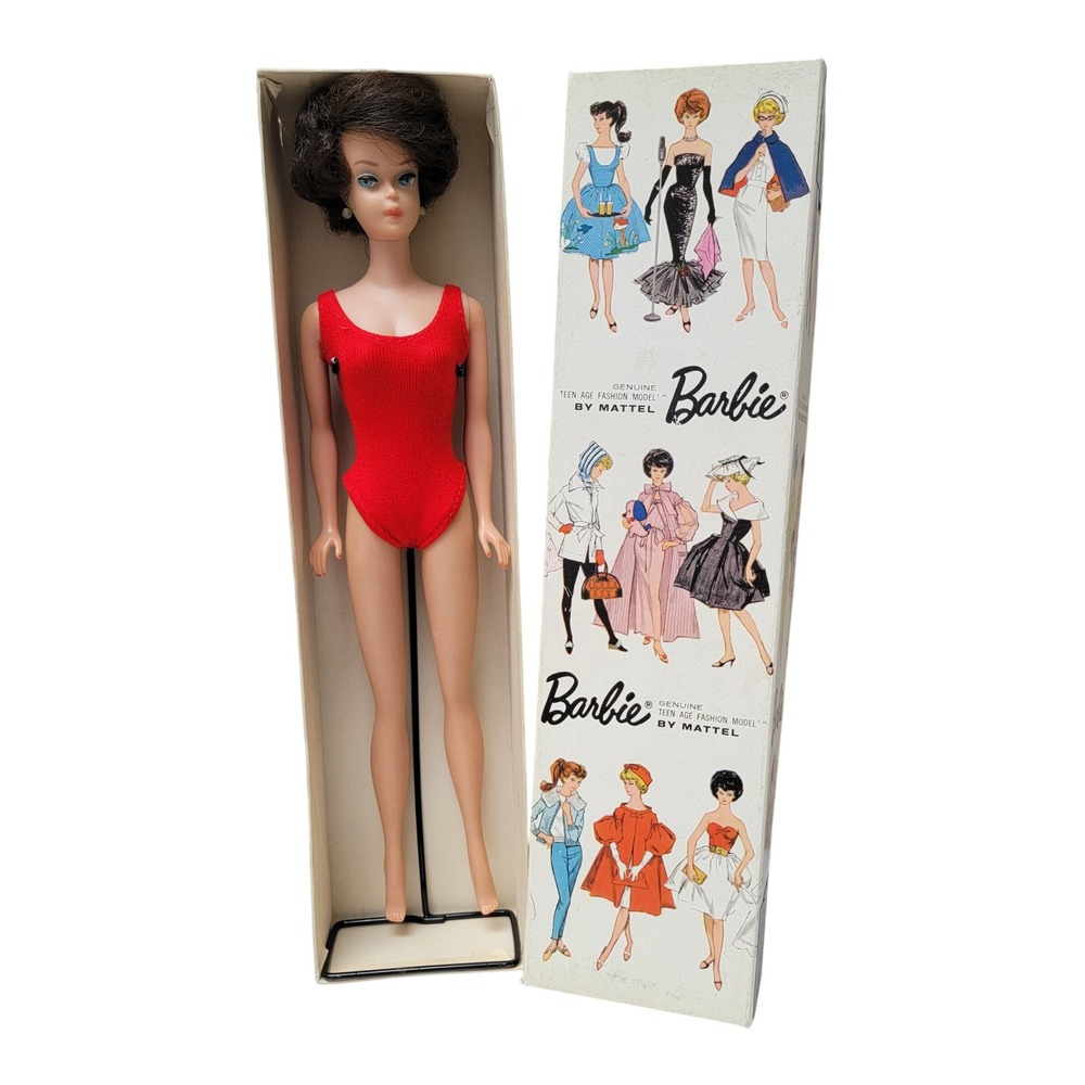 VTG 1962 Bubblecut Barbie Doll Brunette Red Swimsuit With Box And Metal Stand